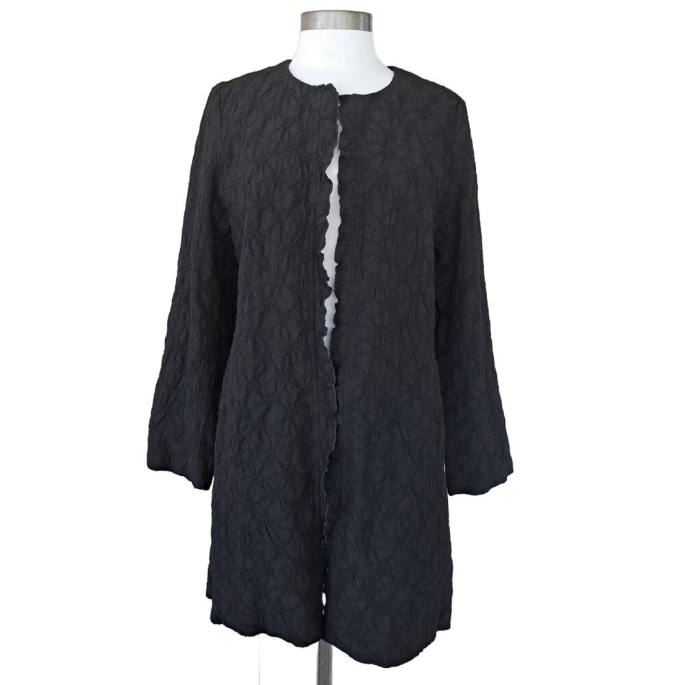 EILEEN FISHER Black Textured Wool Open Front Long Jacket Size Small Minimalist